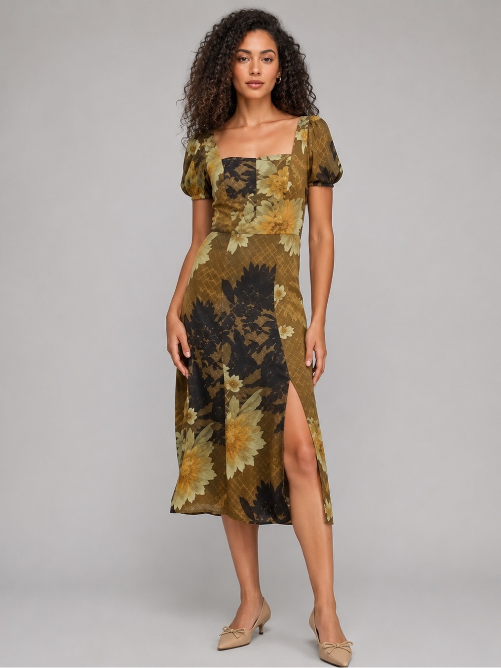 BCX Juniors' Printed Square-Neck Midi Dress Size L Side Slit Cottagecore NWT